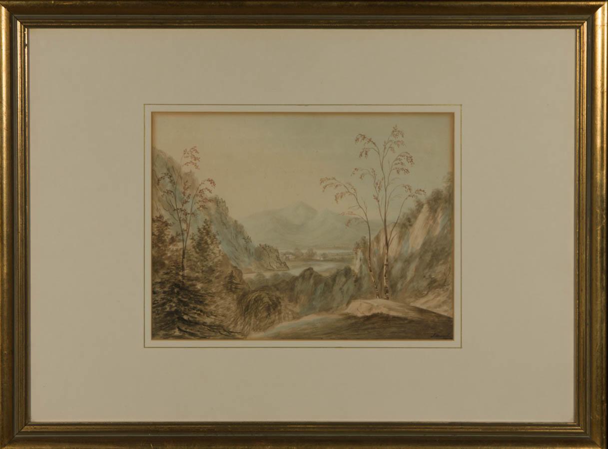 A very fine late 18th century watercolour of the Derbyshire countryside. Finely presented in a washline mount and gilt effect frame. Inscribed on the reverse of the frame "Verso - view of Grange from an emergence to the southward with the Derwent