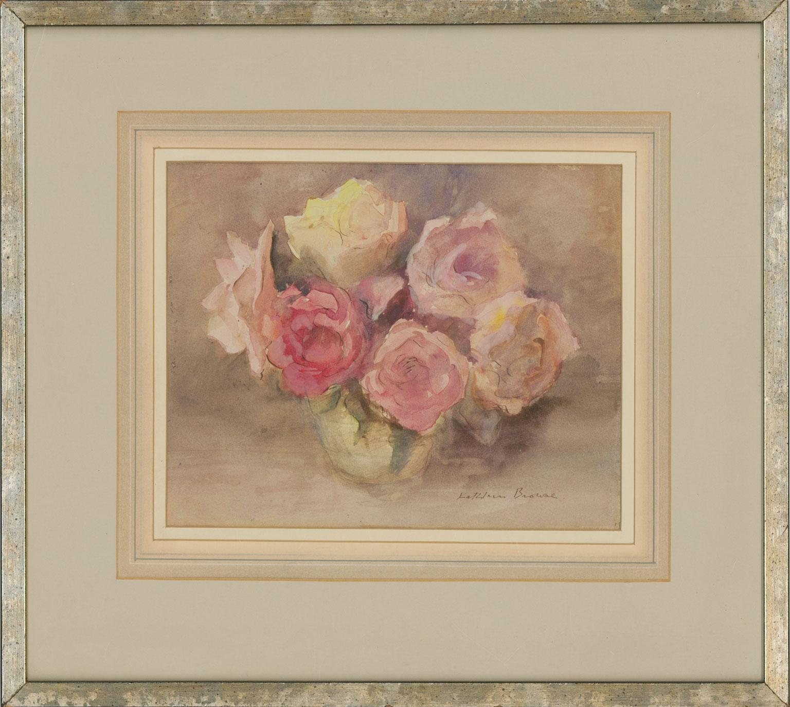 
A delightfully delicate and dynamic still life composition in watercolour, by the well-known New Zealand-born artist Kathleen Browne (1905-2007). Likely to have been painted around the middle of her career as an artist, here Browne has depicting a