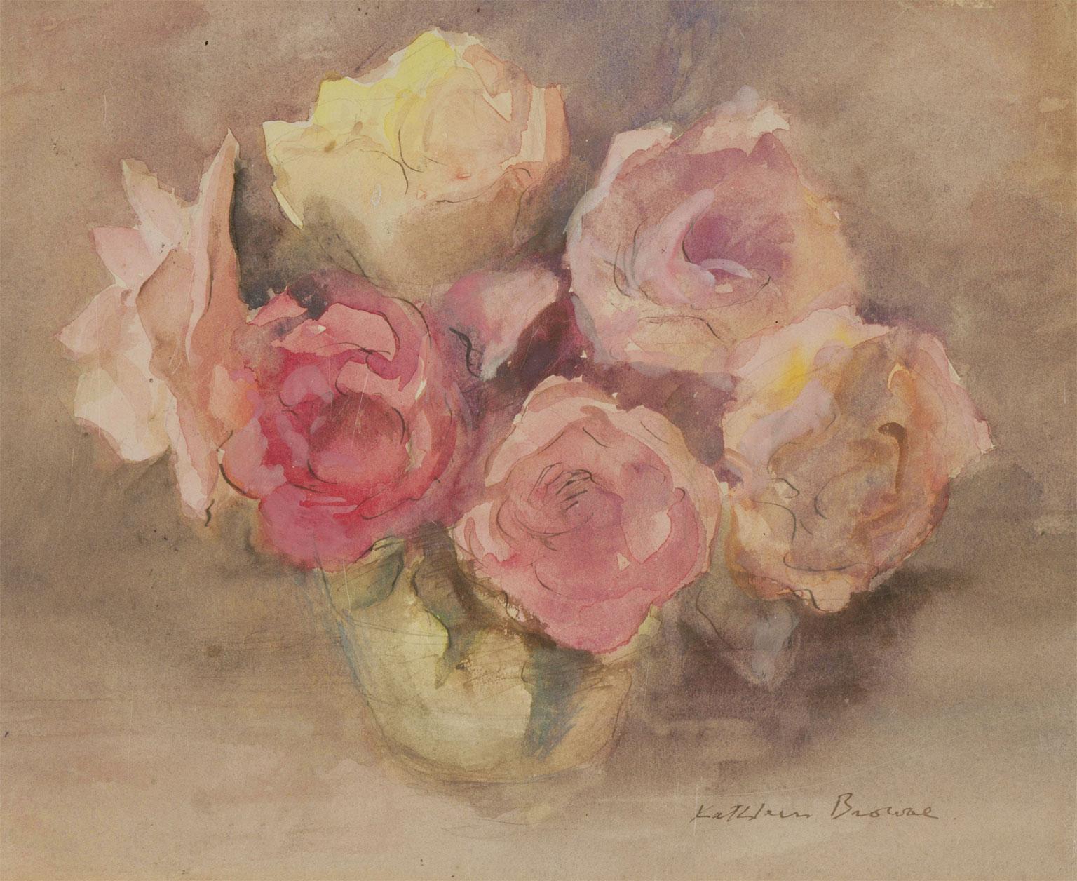 Kathleen Browne (1905-2007) – feines Aquarell aus der Mitte des 20. Jahrhunderts, Vase mit Pfingstrosen im Angebot 1
