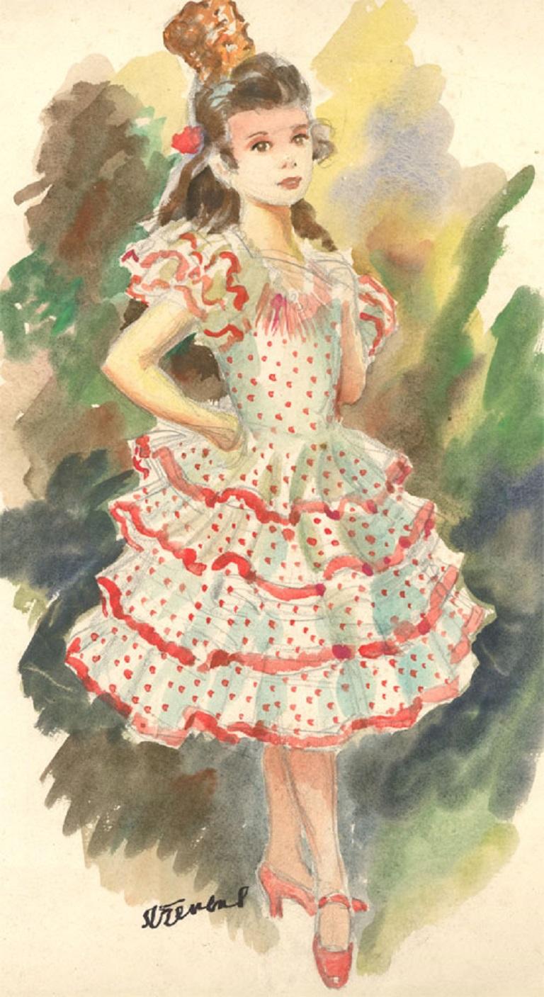 A very fine watercolour portrait of a young girl with graphite details, dressed as a Spanish flamenco dancer, by the artist John Strevens (1902-1990). The artist employs an impressionistic setting to his portraits, seen in much of his other work, as