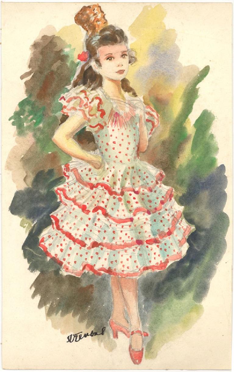 John Strevens (1902-1990) – Feines Aquarell, Flamenco-Tänzer aus der Mitte des 20. Jahrhunderts im Angebot 1