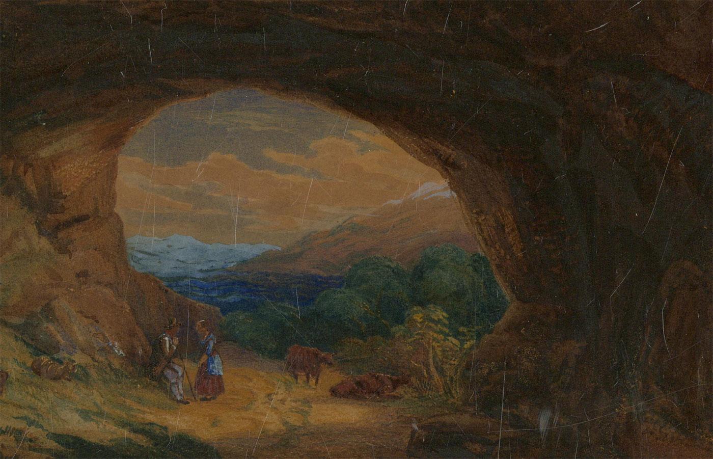 Mid 19th Century Watercolour - In the Cave - Beige Landscape Art by Unknown