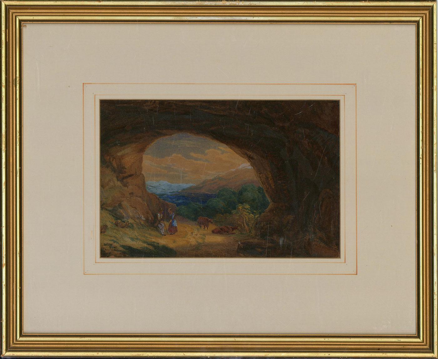 A charming watercolour painting with gouache and gum arabic details, depicting a landscape scene with two figures and livestock in a cave. Well-presented in a washline card mount and in a gilt effect frame. On watercolour paper.
