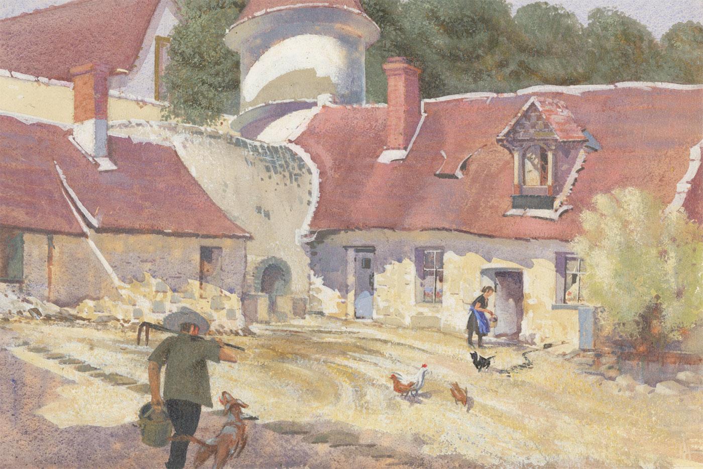 Laurence H. F. Irving (1897-1988) – Gouache, ein französischer Bauernhof, Mitte des 20. Jahrhunderts