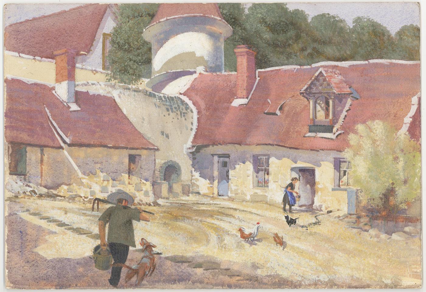 A fine gouache study of a French farmyard with watercolour wash by Laurence H.F. Irving. Here the artist has captured an idyllic scene with a farmer returning from a day's work with his dog beside him. A young woman can be seen feeding chickens