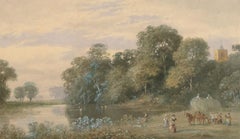 J.B. Davis - 1870 Watercolour, Haymaking by the River