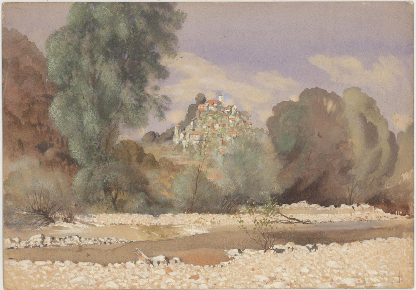 A wonderful mid 20th century landscape by the listed artist Laurence H.F. Irving. Here the artist has captured an idyllic Italian scene with a river and small town beyond. With watercolour wash and areas of thick gouache. Signed with monogram. On