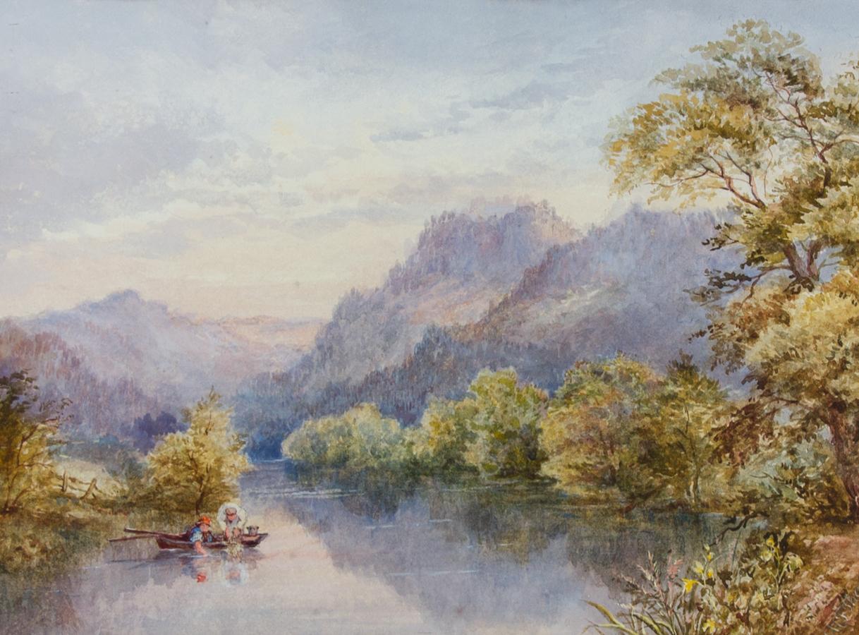 A very fine watercolour by the artist M. F. Thomas, depicting a small boat with two figures fishing in the river in Zlarin, Croatia. The artist has employed a delicate and considered technique, with a light palette and subtle reflections in the