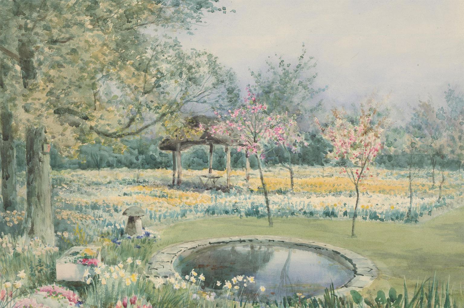 A fine watercolour painting on watercolour paper, laid to thick card, by the listed artist Sylvester Stannard, depicting a Spring garden. The artist's use of colour and delicate brushstrokes work together to create a beautiful and striking