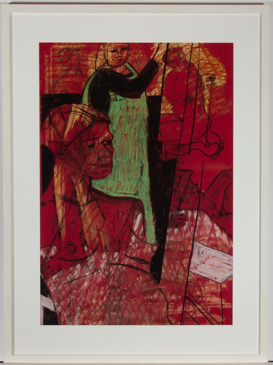 An interesting contemporary acrylic interior featuring multiple figures by the artist Jain Wallis, with expressive brushstrokes and bold colour.

Signed in the lower right hand corner with an inscribed artist label on reverse, as shown. Well