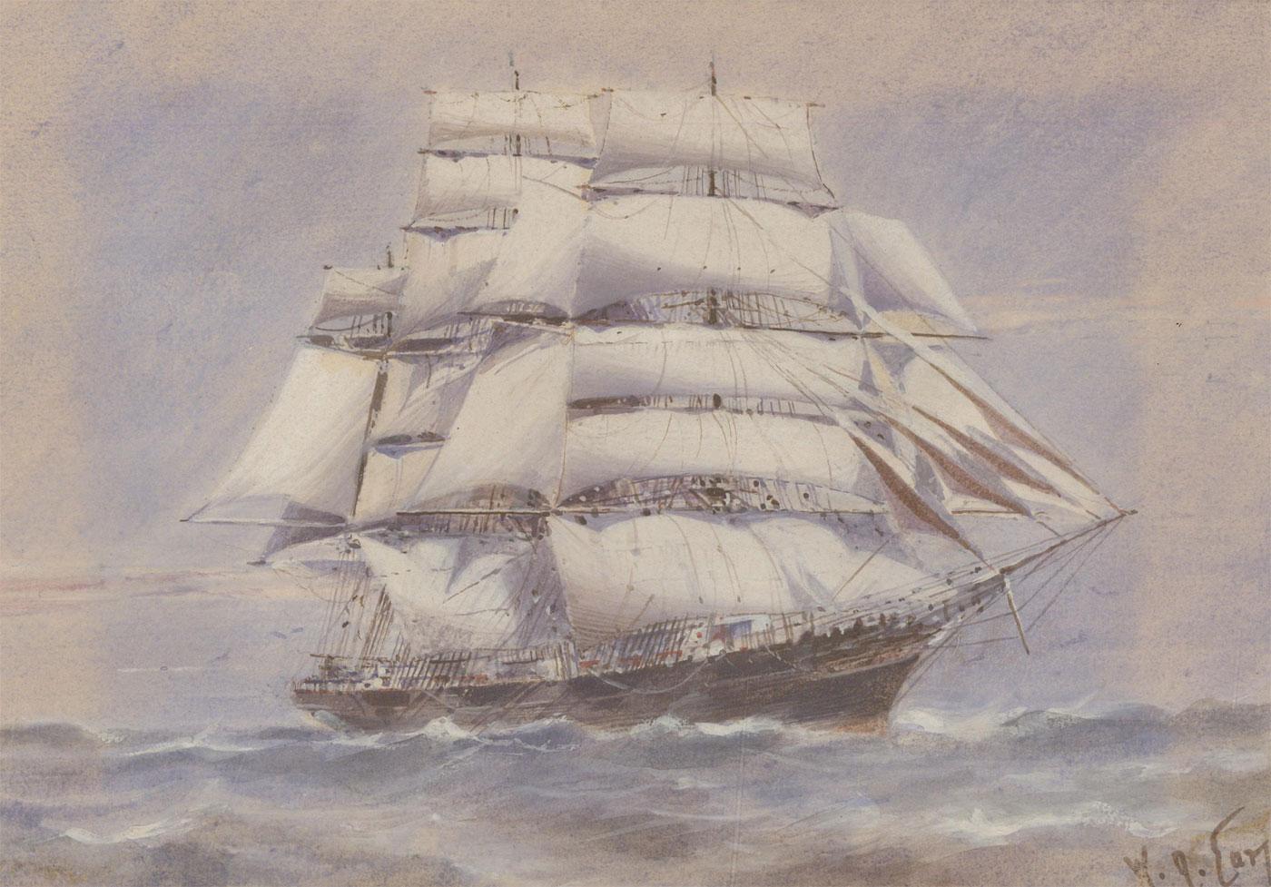 Fina acuarela con detalles al gouache del artista William Arthur Earp, que representa al clíper británico "Cutty Sark". Bien presentado en un soporte de tarjeta lavable. Firmado. Sobre papel de acuarela.