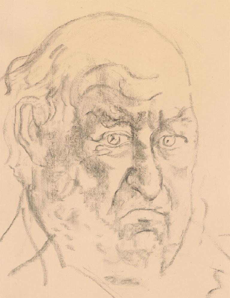 Un beau portrait au graphite de l'artiste hongroise Zsuzsi Roboz, représentant un portrait de Lord Weidenfeld. Par des traits épais, l'artiste a pu créer une représentation intense et expressive du modèle. Signé. Sur la table.