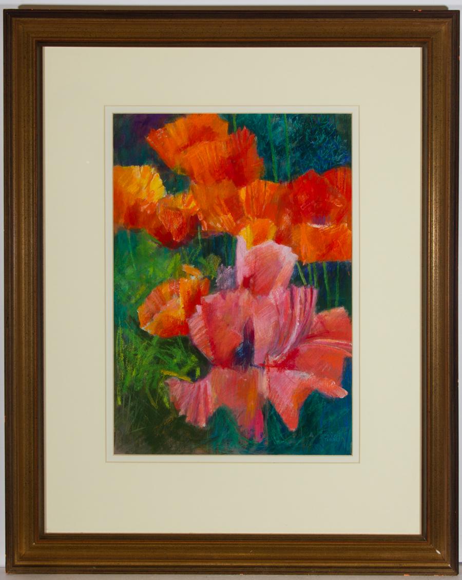 A striking pastel study showing vibrant pink and orange poppies by the prolific British artist, John Ivor Stewart.

Embracing the pastel medium, Stewart creates softened yet vivid impressions of his floral forms. Combining an impressionistic