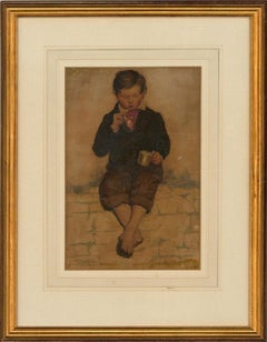 Gerahmtes Aquarell aus der Mitte des 19. Jahrhunderts - Junger Junge sitzt an einer Wand