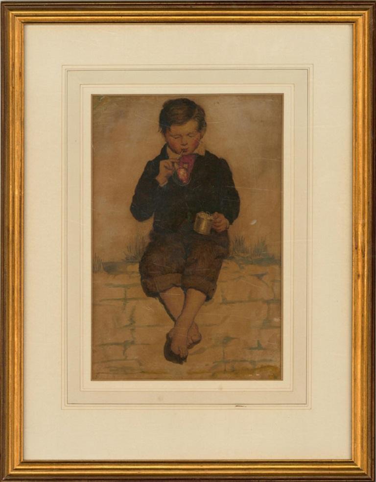 Framed Mid 19th Century Watercolour - Young Boy Sitting on a Wall - Beige Portrait by Unknown