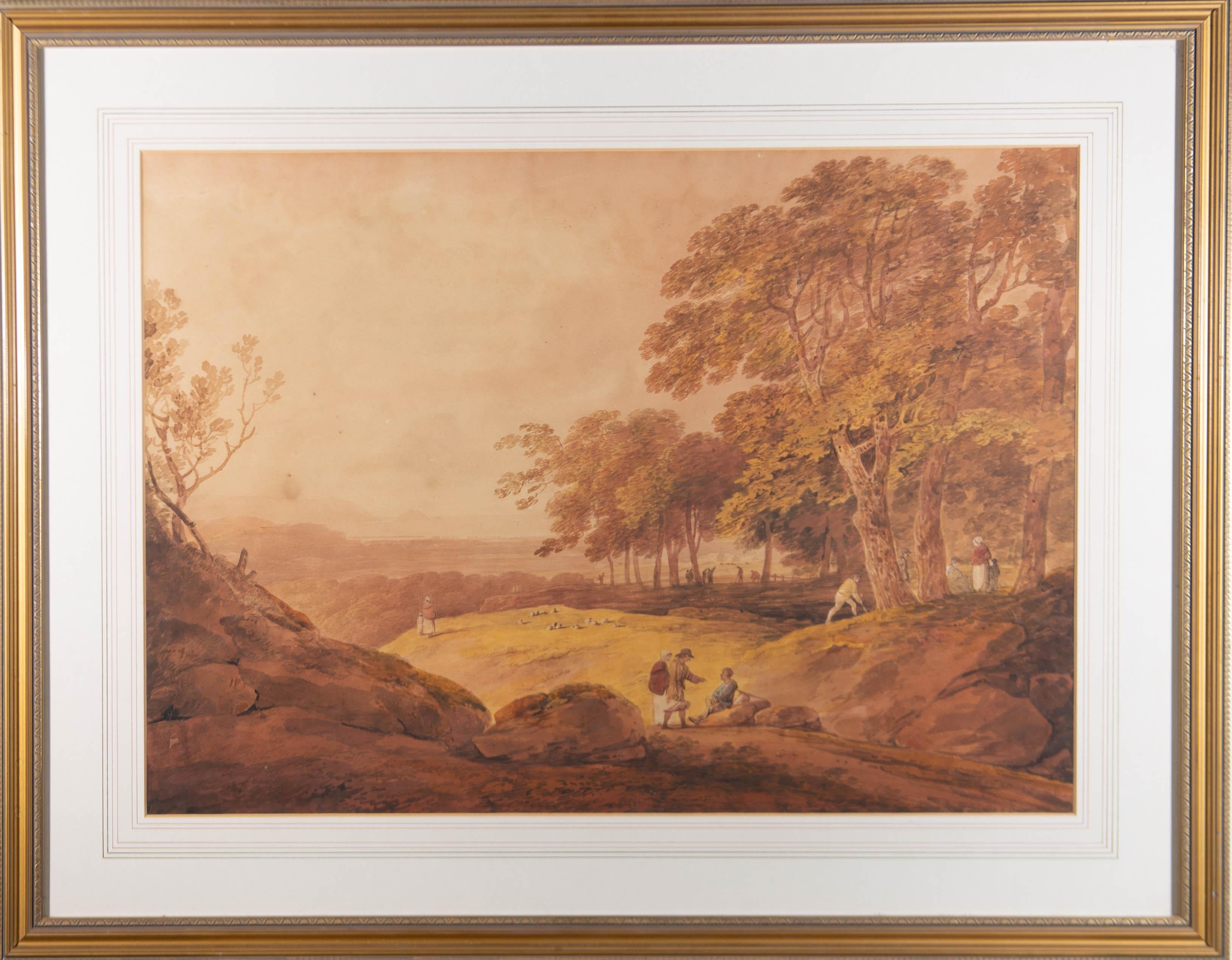 Unknown Landscape Art – Aquarell-Aquarell des frühen 19. Jahrhunderts - Panoramiklandschaft mit Figuren