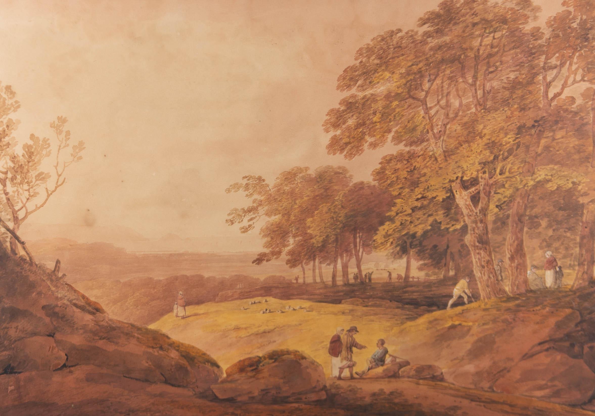 Aquarell-Aquarell des frühen 19. Jahrhunderts - Panoramiklandschaft mit Figuren (Braun), Landscape Art, von Unknown