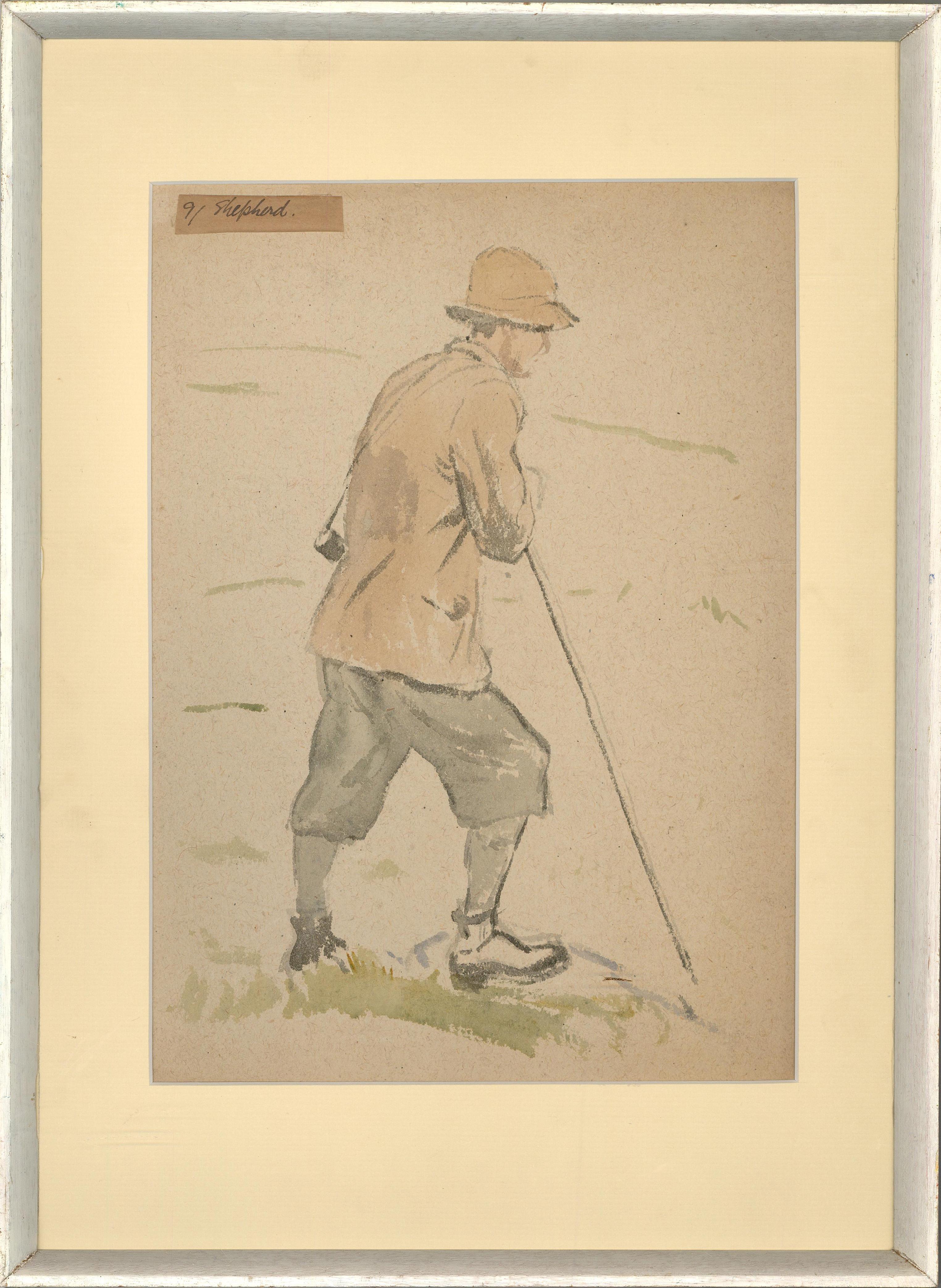 A charming watercolour study attributed to the well-listed artist John Murray Thomson RSA RSW (1885-1974). The scene depicts a male figure with a shepherd's crook. Artist's name inscribed to the reverse. Presented in a card mount and in an off white