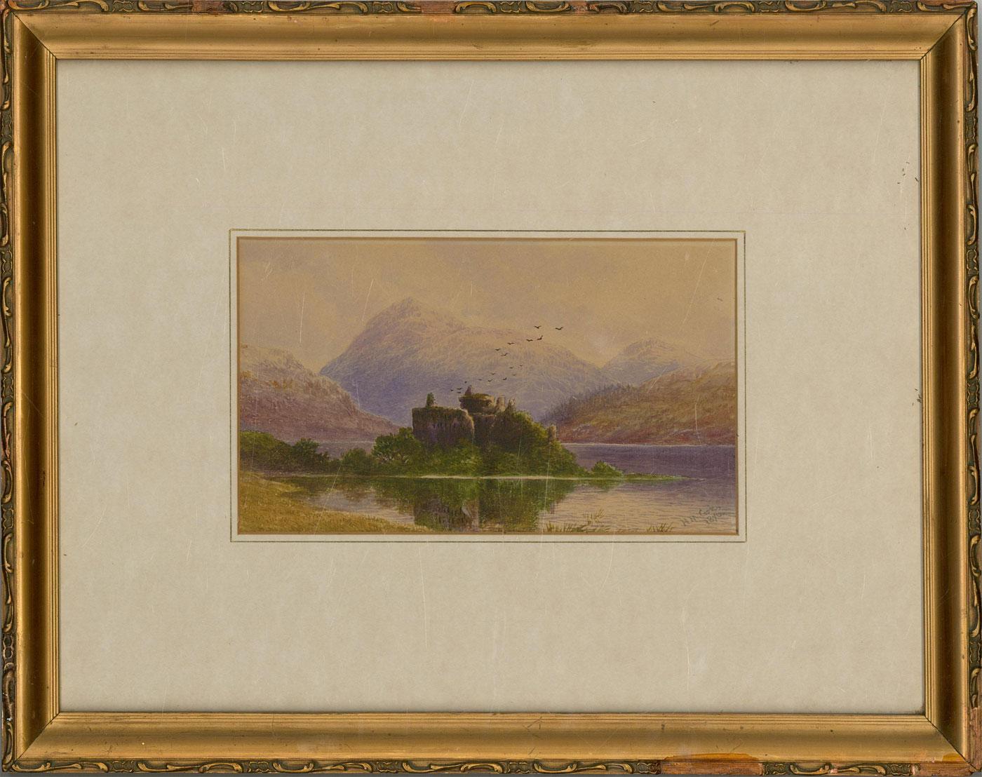 A delicate watercolour painting by the artist Herbert Moxon Cook. The scene depicts ;Kilchurn Castle, a ruined structure on a rocky peninsula at the northeastern end of Loch Awe, in Argyll and Bute, Scotland. Signed and dated to the lower right-hand