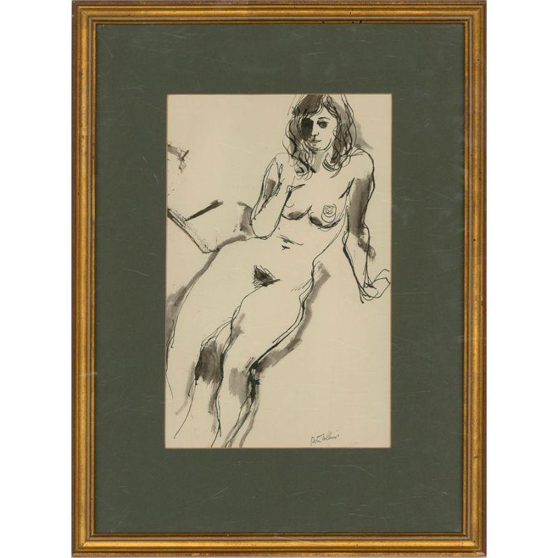 A wonderful pen and ink and ink wash study of a nude female figure by the listed British artist Peter Collins. Here, the artist has beautifully captured the sitter's essence in loose and rough ink strokes. Signed to the lower right-hand corner.