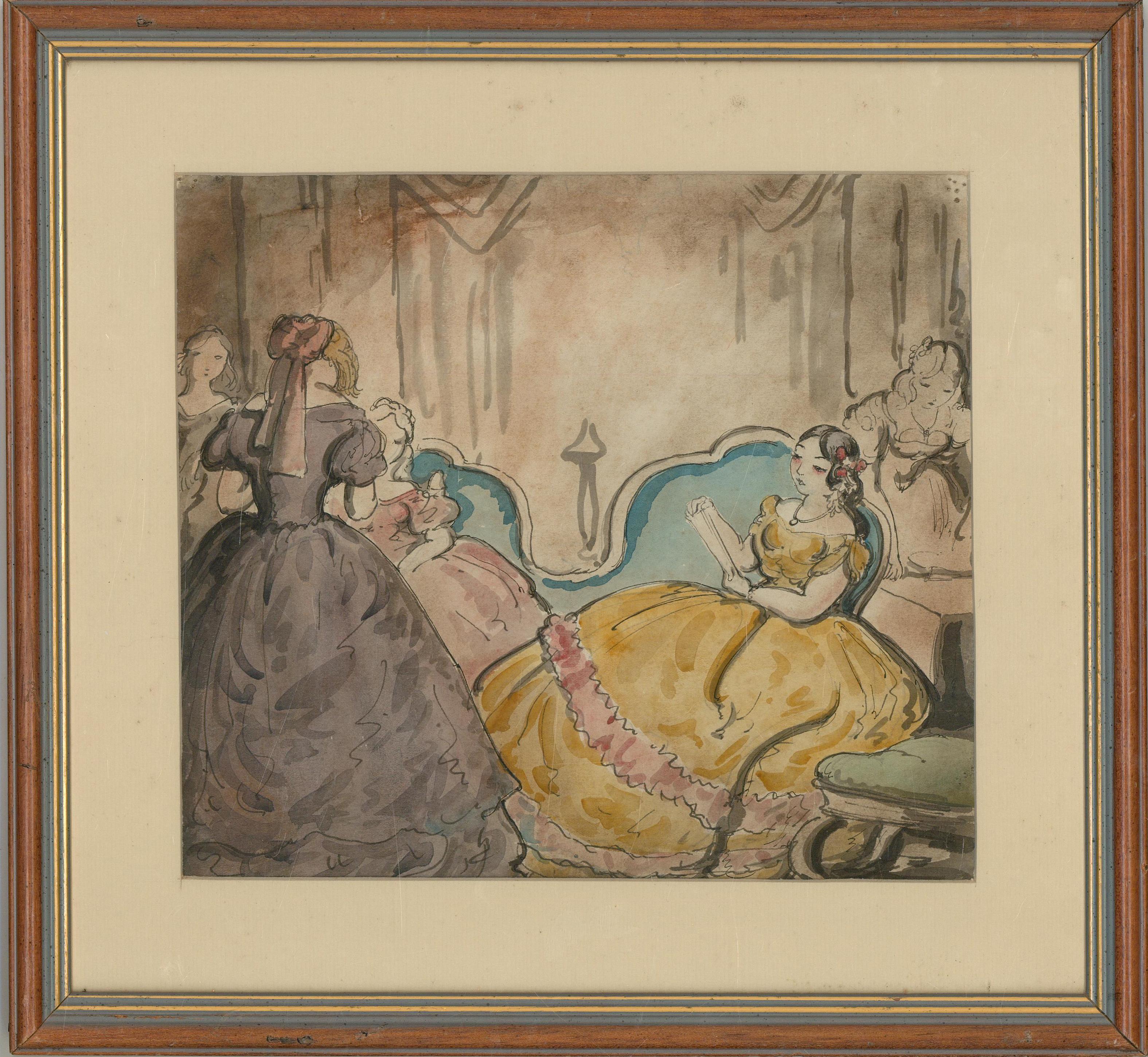 A delightful watercolour painting with pen and ink by the artist Harold Hope Read. The scene depicts a room with several high society ladies, a typical subject in Read's work. Presented in a card mount and in a wooden frame with painted details.