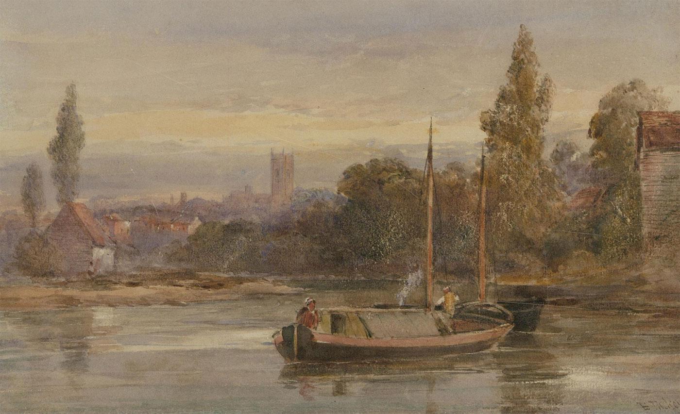 A wonderful example of a watercolour work by acclaimed British artist Edward Tucker. The scene depicts a river view with two figures on a small boat and a village in the distance. Executed with a delicate and subtle hand, the washes of colour have