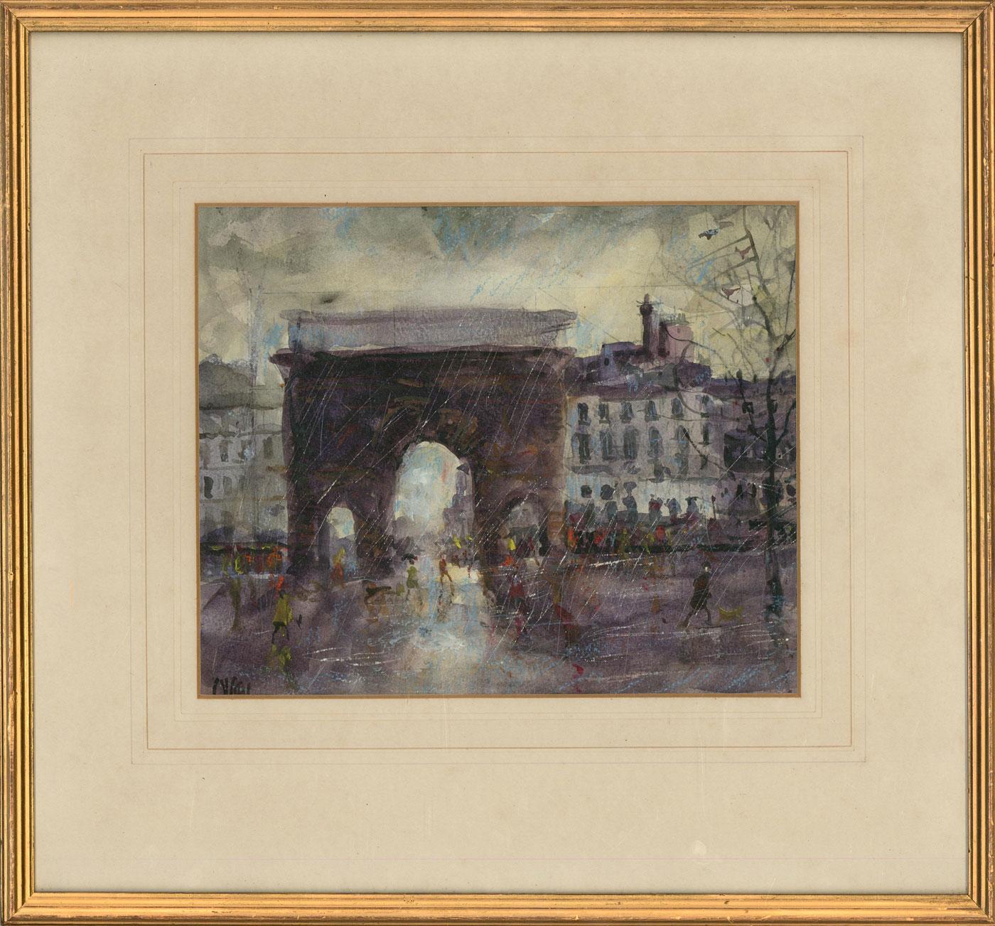 An expressive watercolour painting with gouache, pastel and sgraffito details by the British artist Ronald Olley. The scene depicts a rainy day in Paris with a view of Porte Saint-Martin.This monumental triumphal arch was built in 1674 at the order