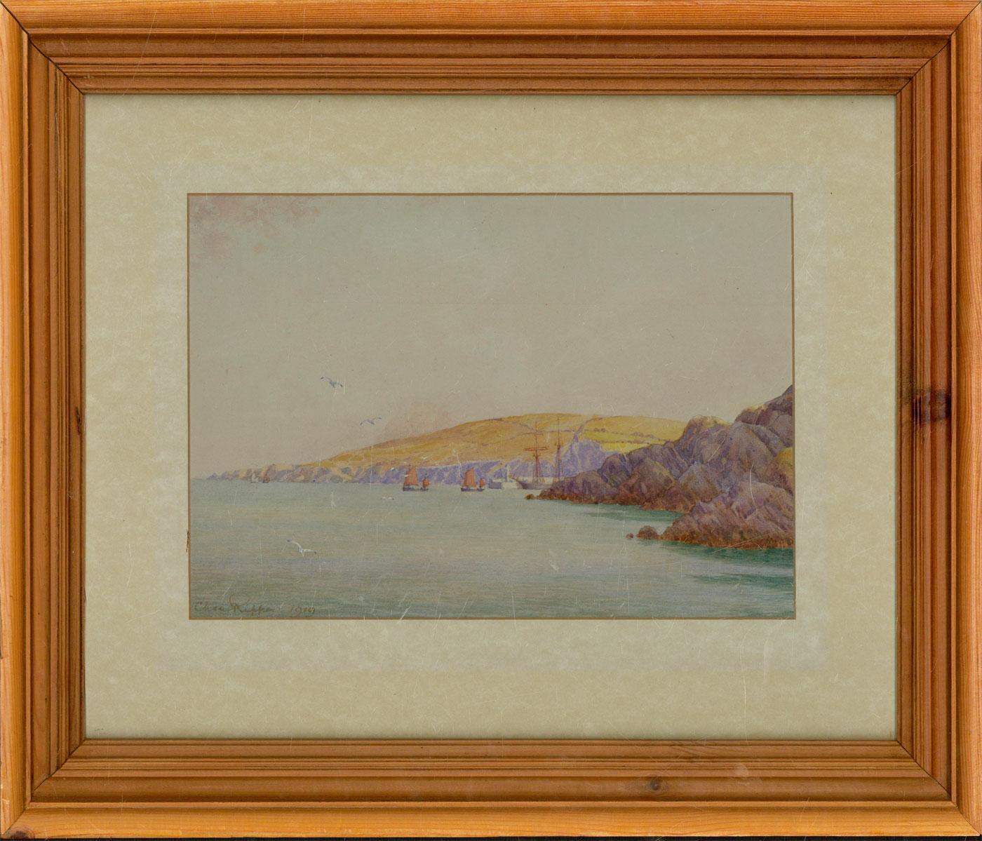 A bright and delicate watercolour painting with gouache details by Charles Ripper. The scene depicts a sea view with several boats and ships close to land. Signed and dated to the lower left-hand corner. Presented in a card mount and in a wooden
