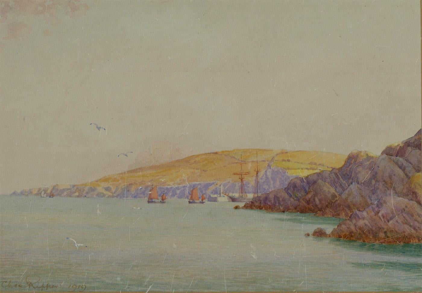 Charles Ripper - 1919 Watercolour, Sea View with Boats For Sale 1