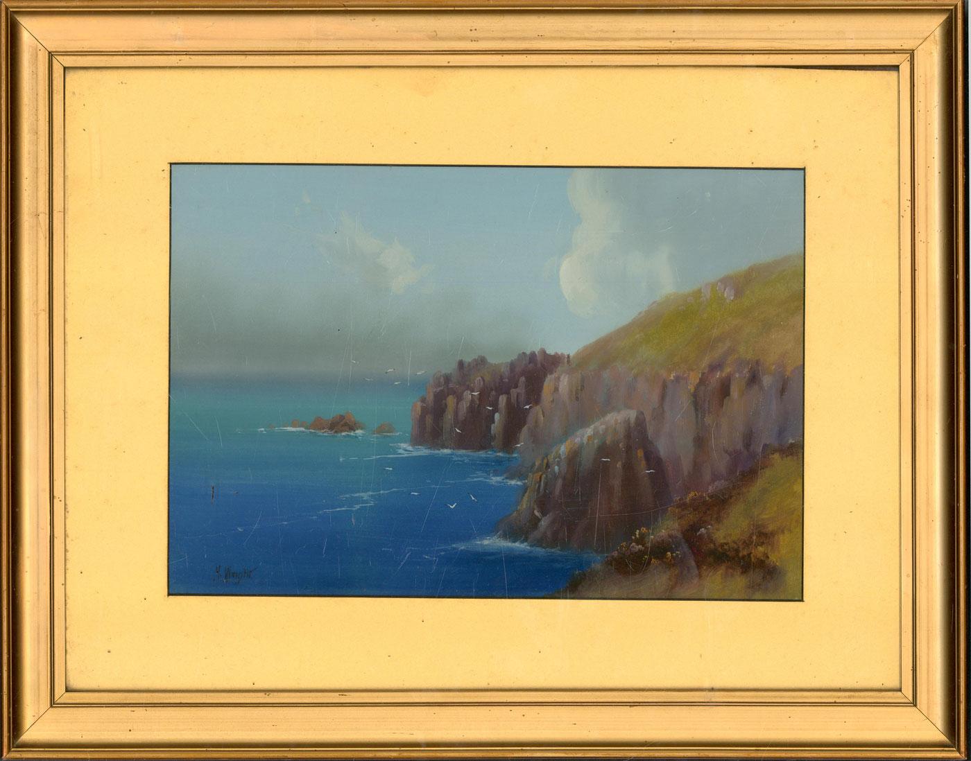 An alluring coastal scene is depicted in this gouache painting.

Signed.

Well presented in a field molded wood frame with a gilded mount.

On wove.