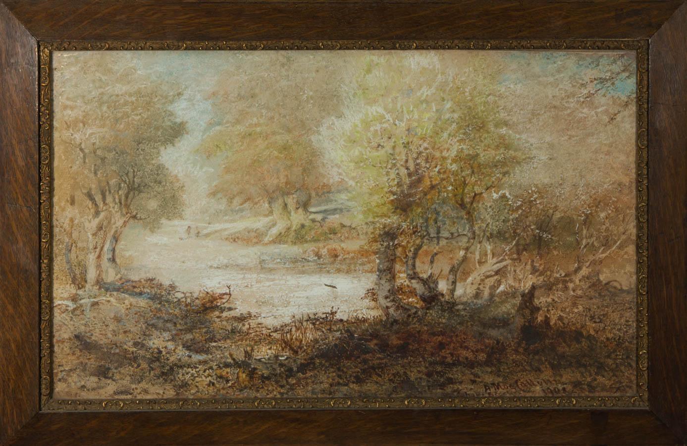 A delicate and whimsical watercolour depicting a river winding through British woodland on a bright summer's day.

This delicate watercolour has been finished with body-colour highlights.

Thew piece is ornately presented in a dark wood frame with a