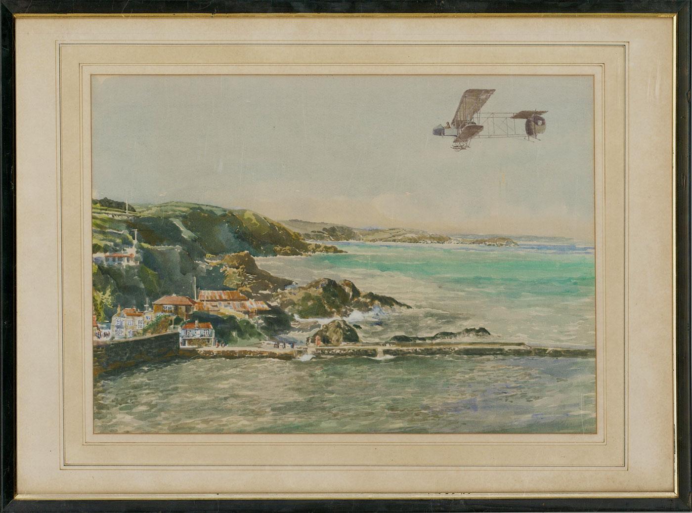 An early 20th-century plane flies proudly above a seaside town. Finished with subtle body colour. Well presented in a molded black frame with a gilded inner window, glazing, and a washline mount.Signed in the bottom right-hand corner.

 
On laid.