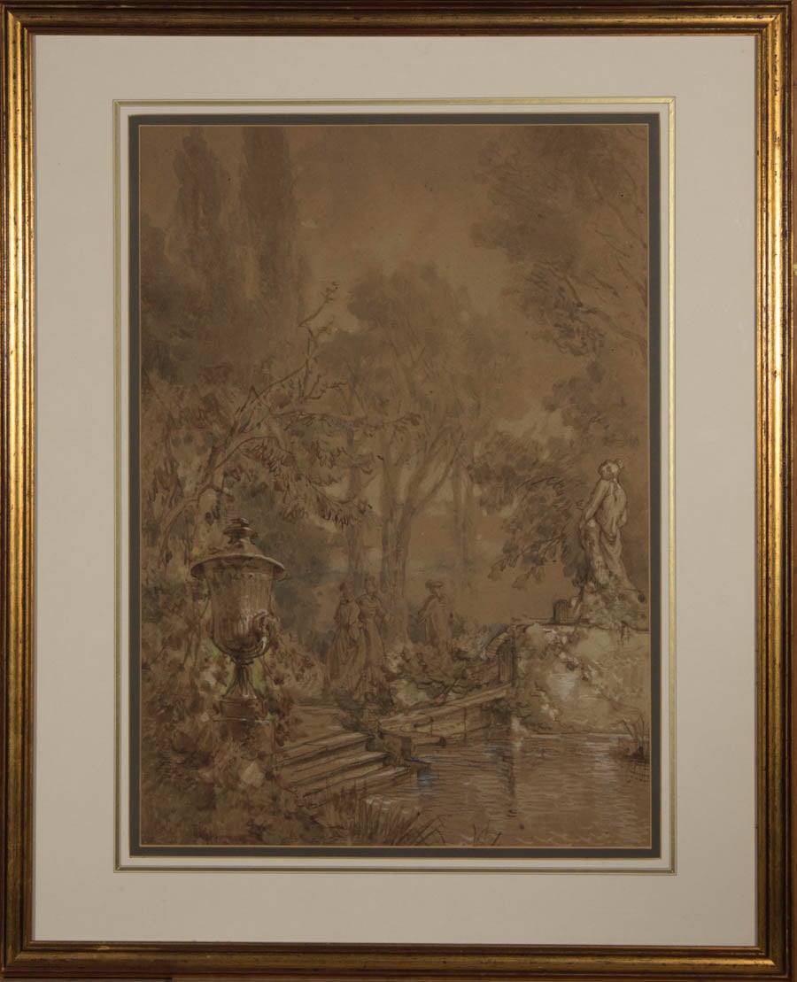 Unknown Landscape Art - Framed Early 19th Century Watercolour - A Walk Through the Gardens