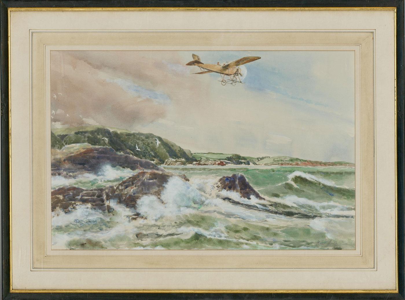 Waves crash on rocks as a plane flies defiantly over the coastline.Well presented in a molded black frame with a gilded inner window, glazing, and a washline mount.Signed.

 
On laid.