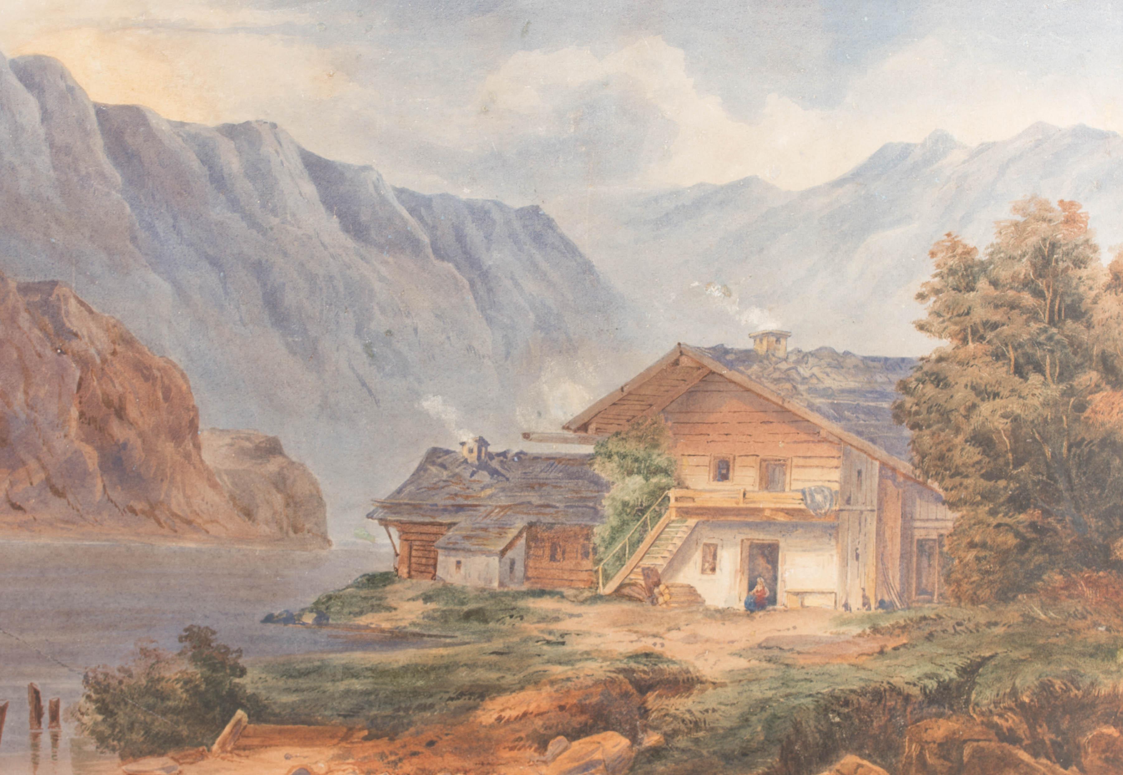 Mid 19th Century Watercolour - The Little Wooden Cottage - Brown Landscape Art by Unknown