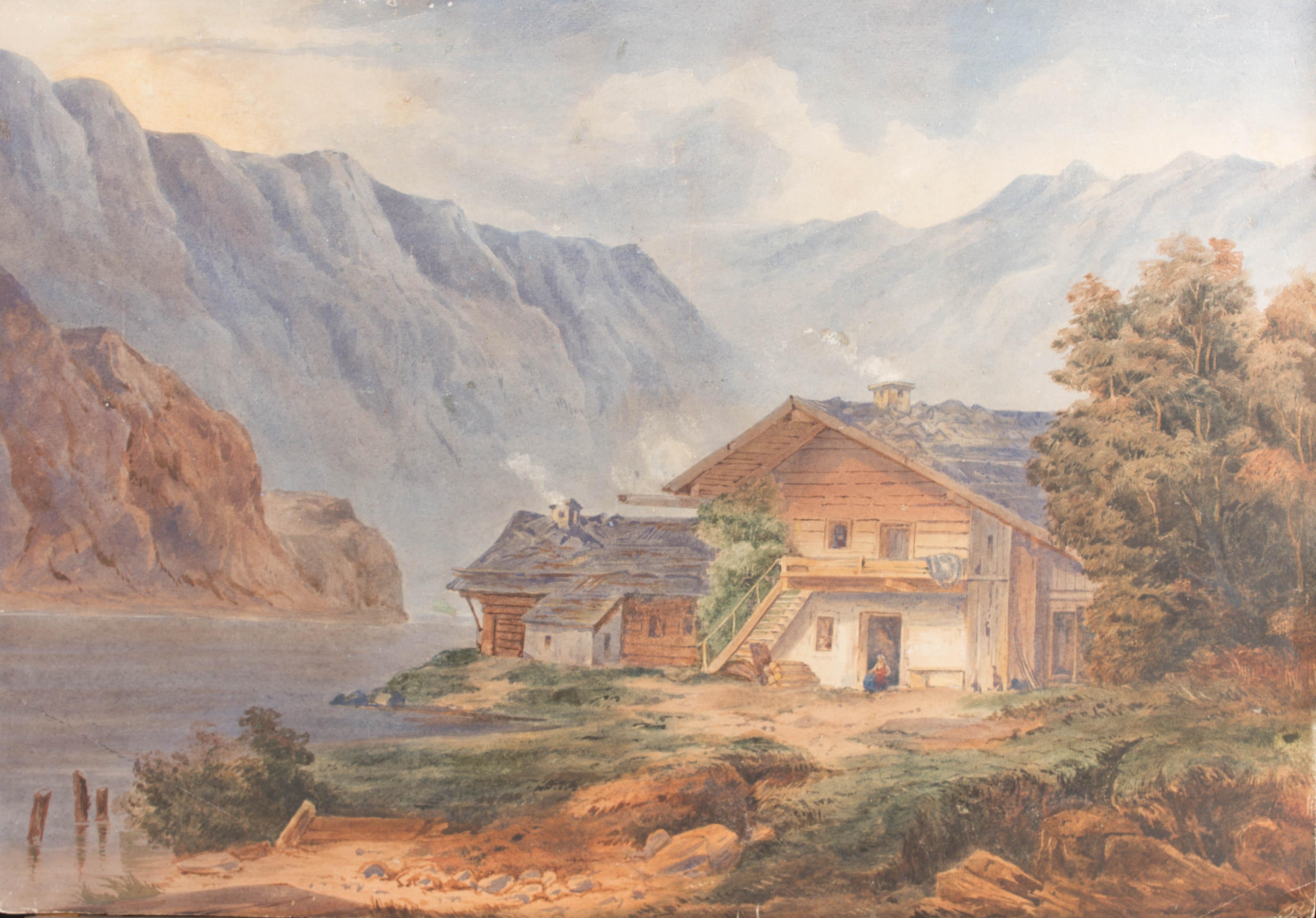 A very fine 19th century watercolour landscape depicting a quaint cottage beside a lake with distant mountains in the distance. The artist is clearly proficient in the medium and has taken great care to create a somewhat idealised depiction of rural