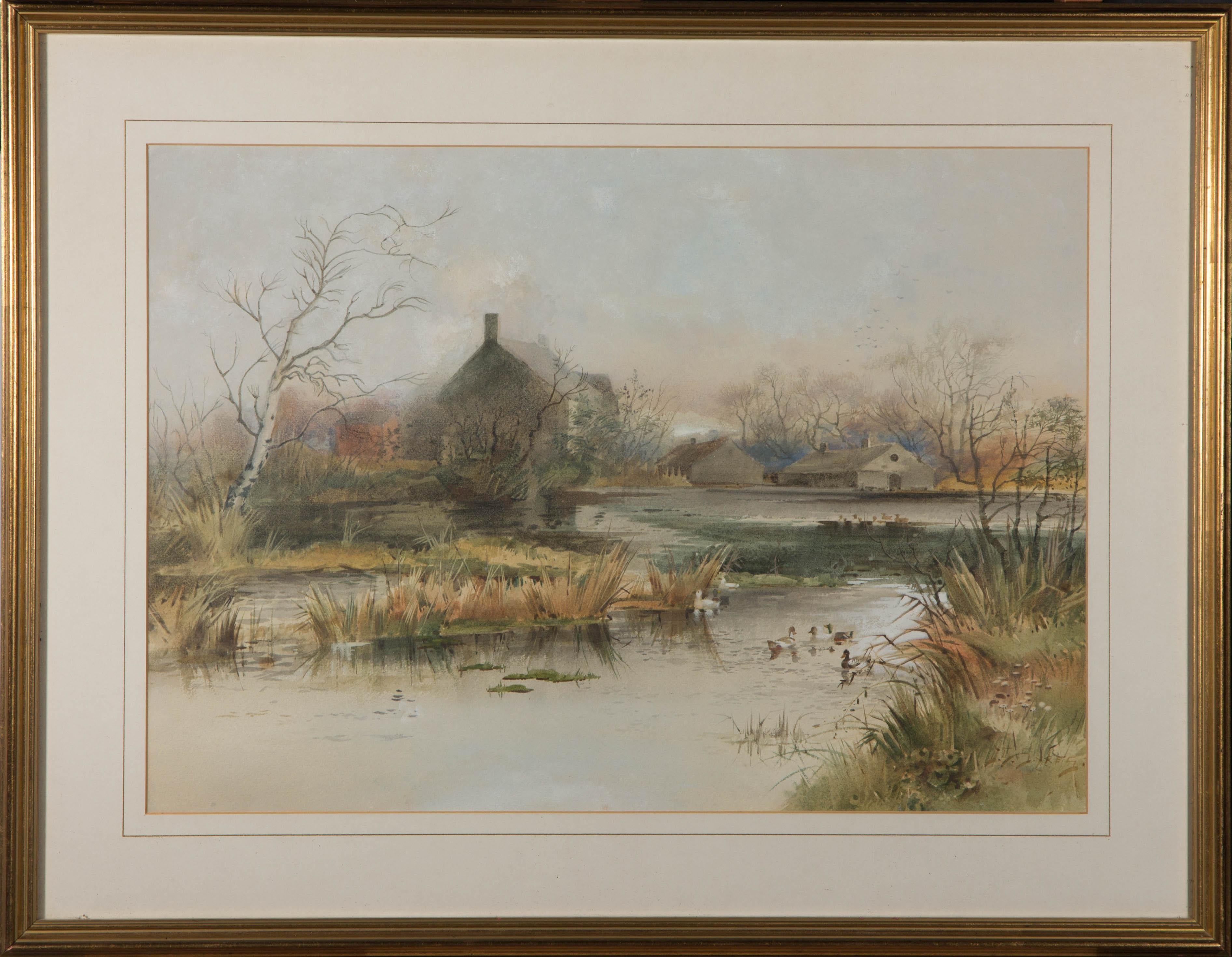 Ein charmantes Aquarell mit Gouache-Details, das eine Flussszene mit Häusern in der Ferne zeigt. Die Inschrift auf der Rückseite lautet: middlewood Forge, Sheffield". Kauf durch John Barnoley um 1900. (Re-framed 1984)". Signiert in der unteren