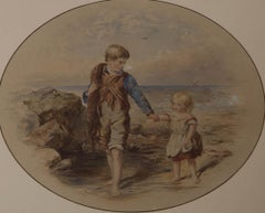 Antique Framed Mid 19th Century Watercolour - Children on the Beach