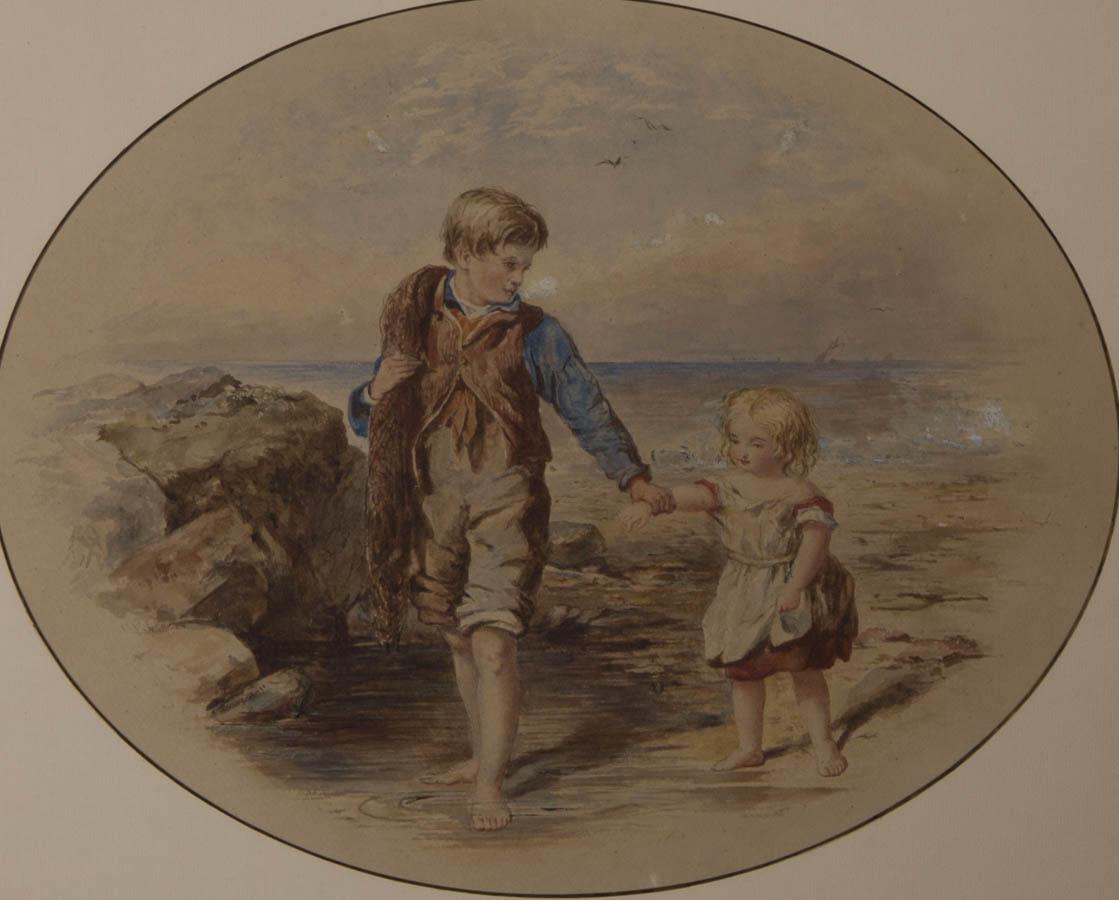 Framed Mid 19th Century Watercolour - Children on the Beach - Art by Unknown