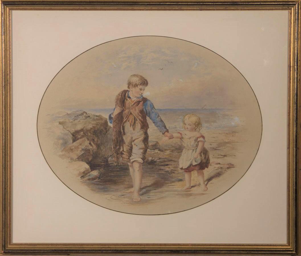 Framed Mid 19th Century Watercolour - Children on the Beach For Sale 1