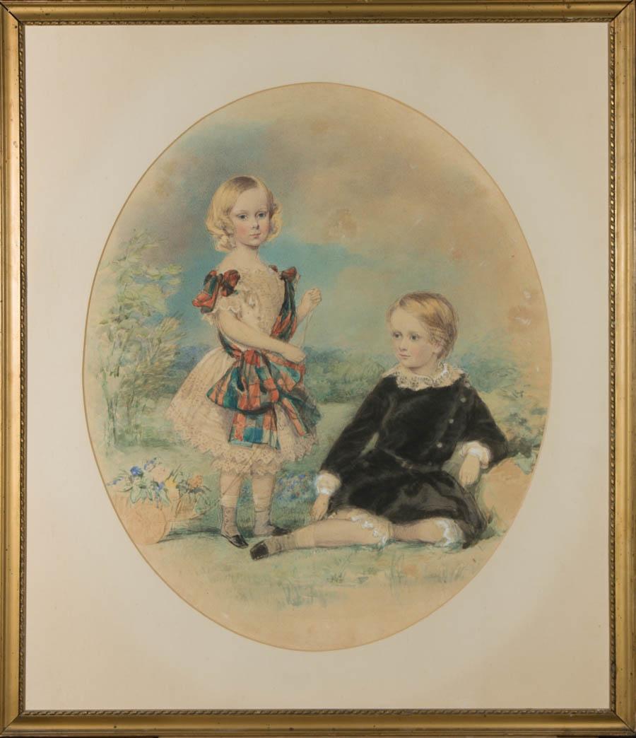 Unknown Figurative Art - Framed c.1840 Watercolour - Portrait of Two Young Boys