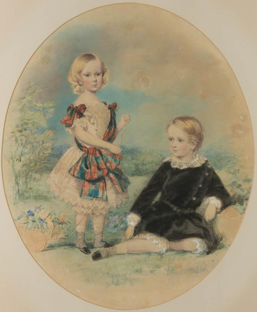 Framed c.1840 Watercolour - Portrait of Two Young Boys - Art by Unknown