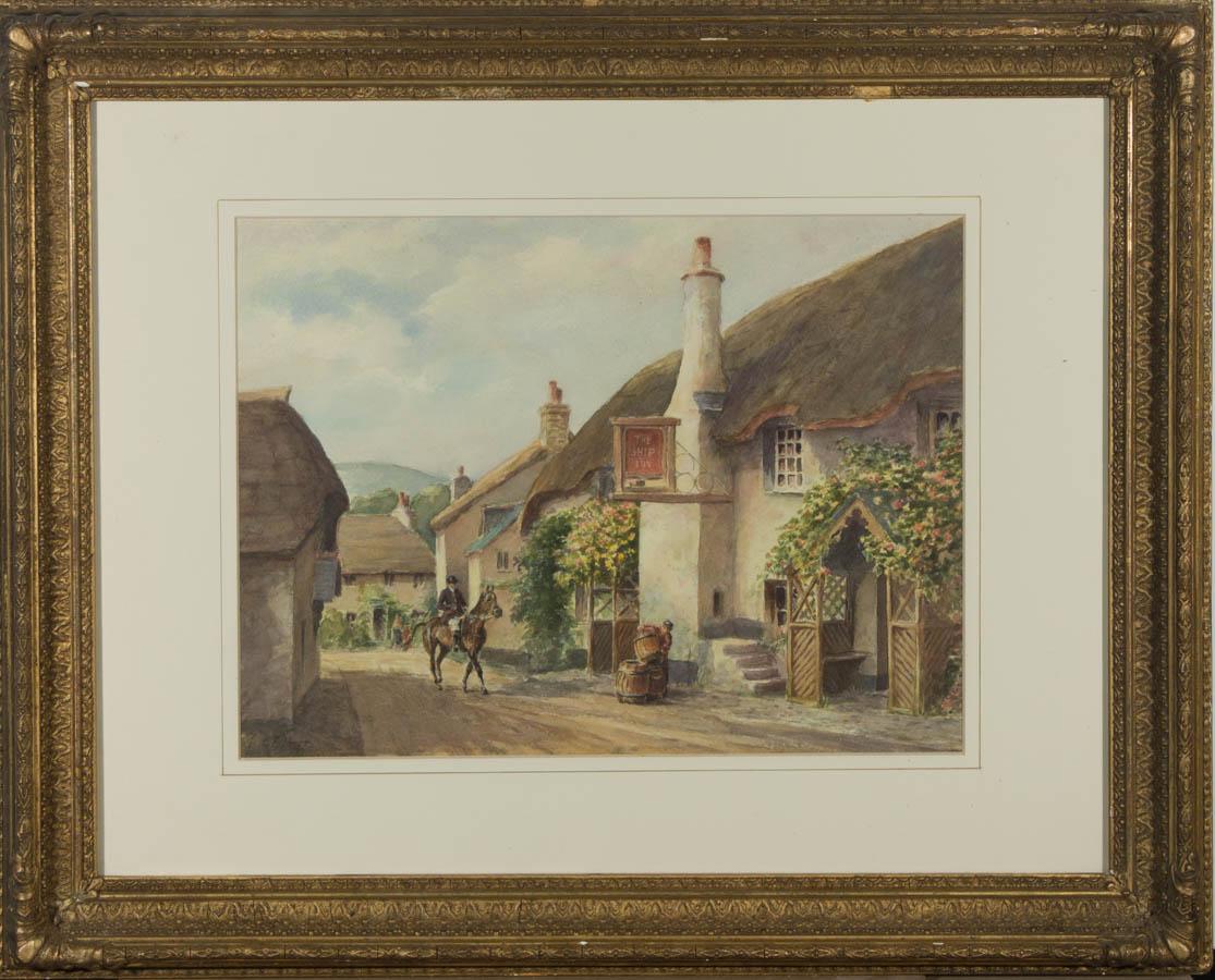 A charming watercolour painting by the artist Frederick Parr. The scene depicts a street view with a figure on a horse by an Inn in Somerset. There is a label to the reverse with the title and the artist's biography. Signed faintly to the lower