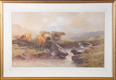 Thomas Rowden (1842-1926) - 1897 Watercolour, Cattle Graze By A Mountain Spring