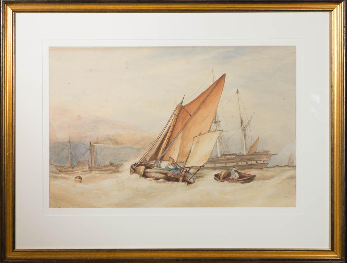 An atmospheric watercolour painting, depicting a sea view with several boats and figures. Monogrammed and dated to the main central boat. Well-presented in a double card mount and in a distressed gilt effect frame. On watercolour paper.
