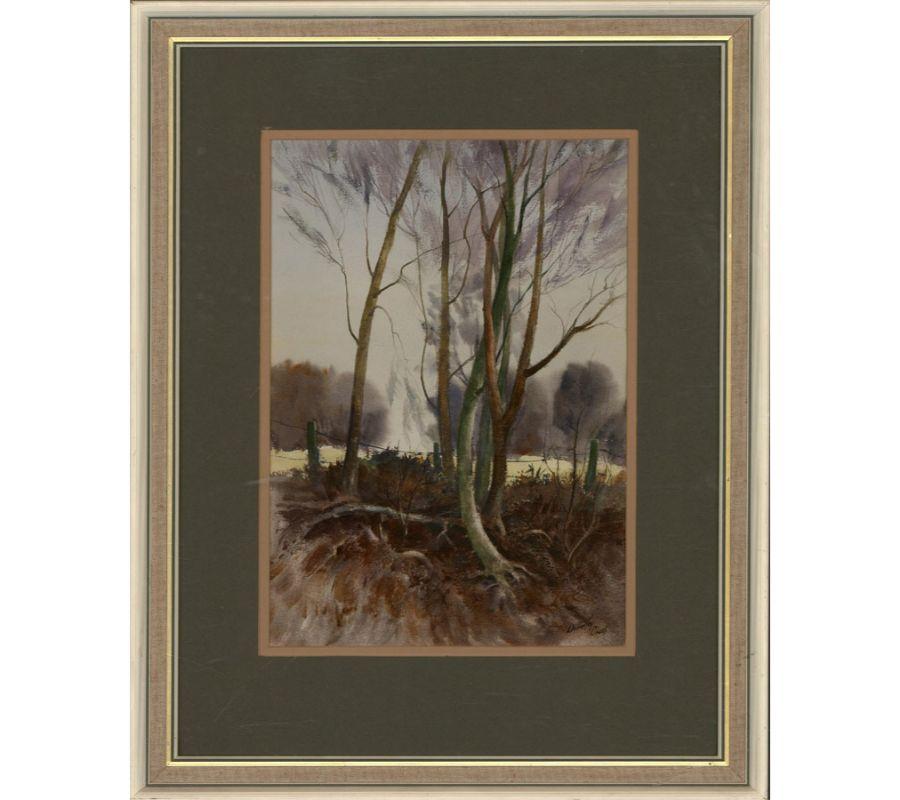 Young tees cling to the mudbank in this crisp depiction of a winters day.

The painting is signed and presented in a modern molded white frame with a linen slip, a gilded inner window, and a complimentary double mount board.

On wove.