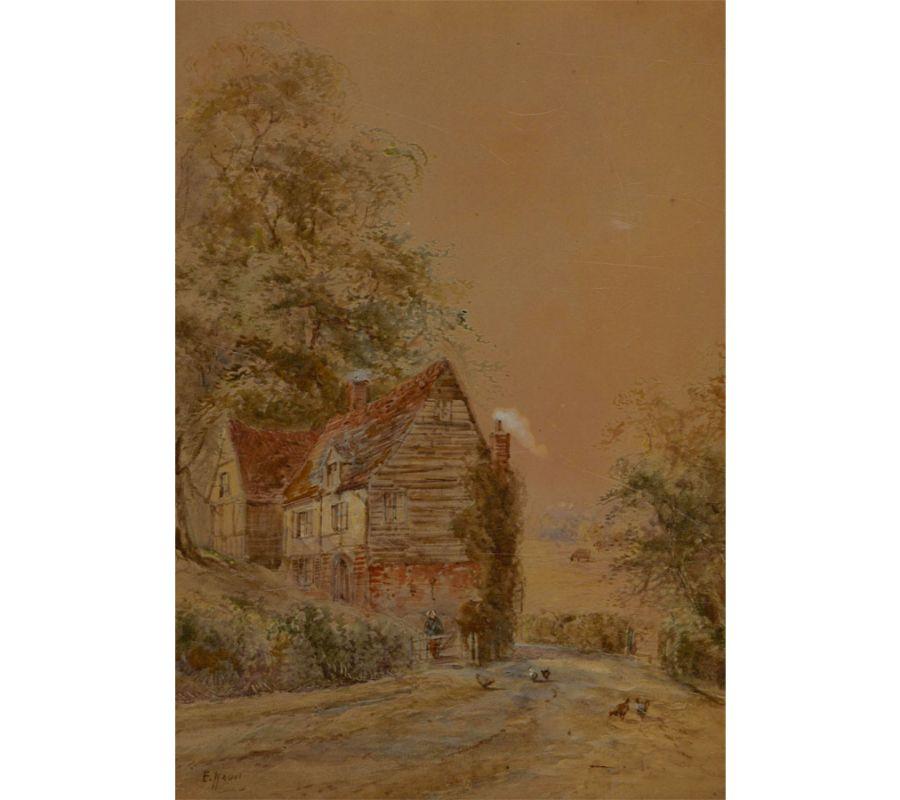 A fine and delicate watercolour painting with gouache details by E. Nevil. The scene depicts a countryside view with a farmhouse and a figure. Signed to the lower left-hand corner. Artist's name and location inscribed on the slip to the lower