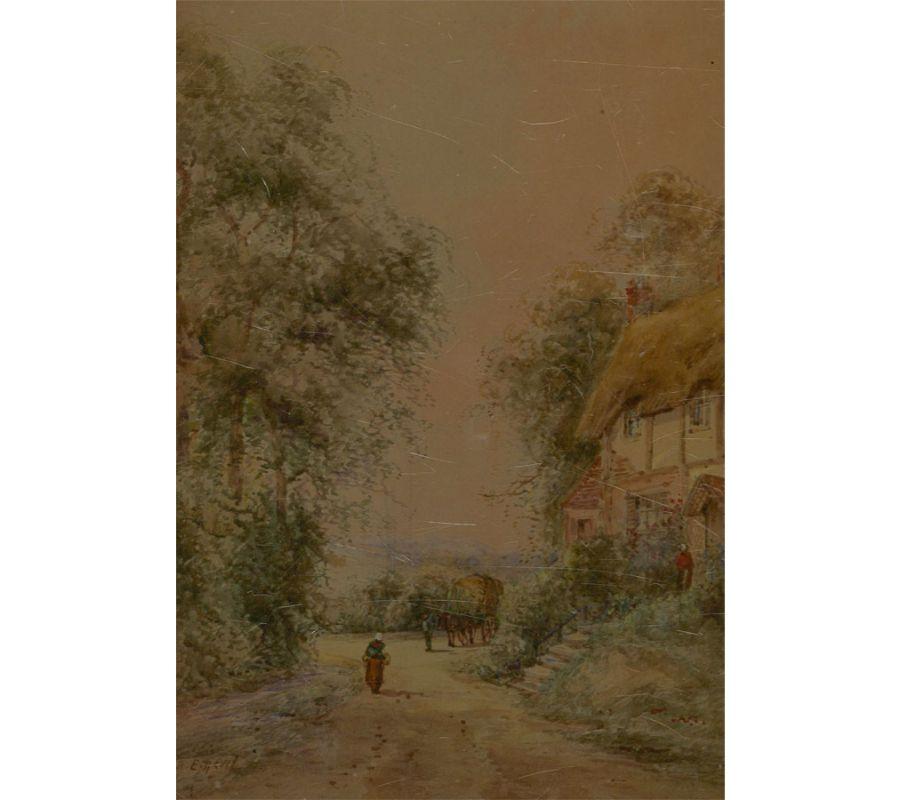 A fine and delicate watercolour painting with gouache details by E. Nevil. The scene depicts a countryside lane with a cottage and figures. Signed to the lower left-hand corner. Artist's name and location inscribed on the slip to the lower margin.