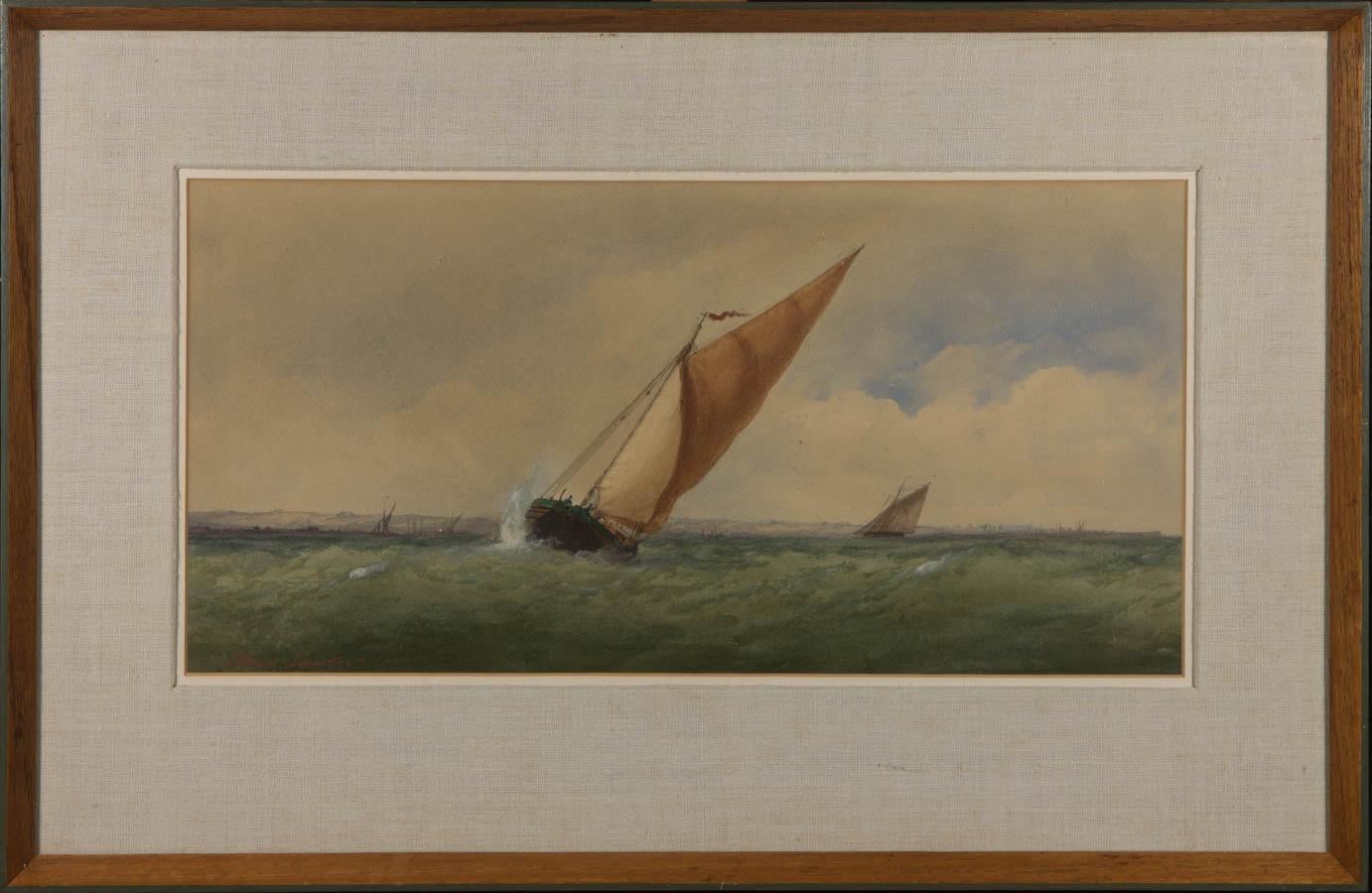 A very fine Victorian coastal scene by the British artist Charles Taylor Jnr, depicting a large sailing boat wrestling with the choppy seawater. Very well presented in a canvas double card mount and simple wood frame. Signed. On watercolour paper.
