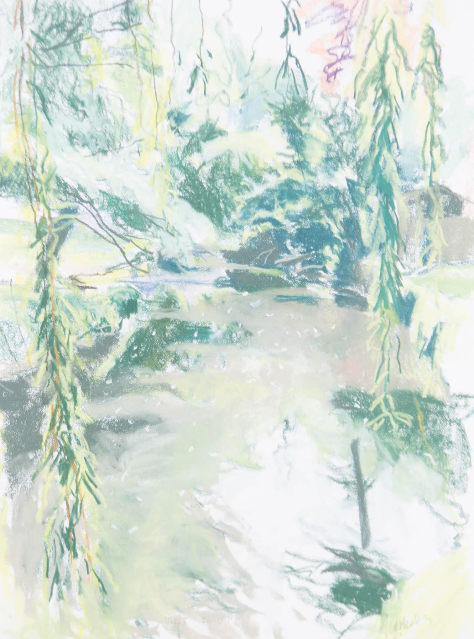 From his extensive series based upon Seacourt Stream, this artwork boasts impulsive, impressionistic mark-making and a fragrant lime palette to depict a willow over the river.

Signed, dated and inscribed.

Well presented in a glazed and whitewashed